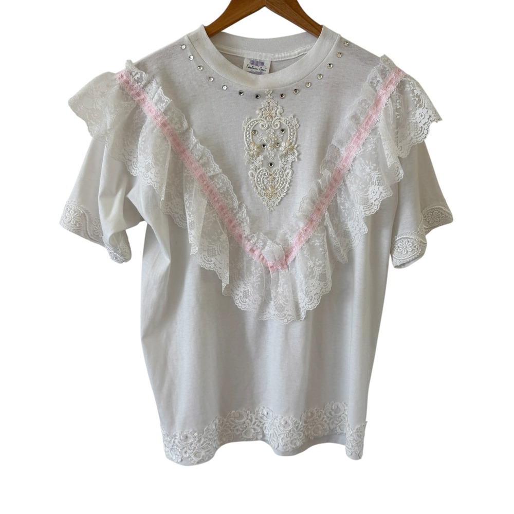Womens Victorian Coquette T Shirt Womens L White Pink Lace Ruffle Costal Cowgirl